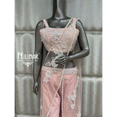 Baby Pink Silk Sharara Drape Saree