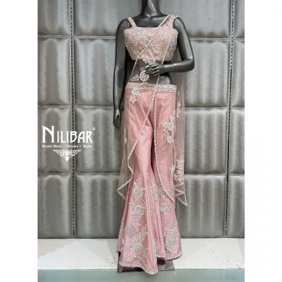 Baby Pink Silk Sharara Drape Saree
