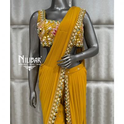 Mustard Georgette Sharara Drape Saree
