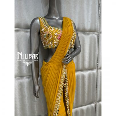 Mustard Georgette Sharara Drape Saree