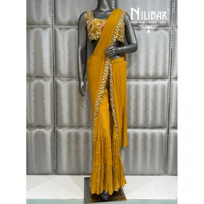Mustard Georgette Sharara Drape Saree