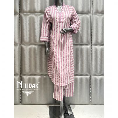 White and Lilac Cotton Kurti With Pant Suit