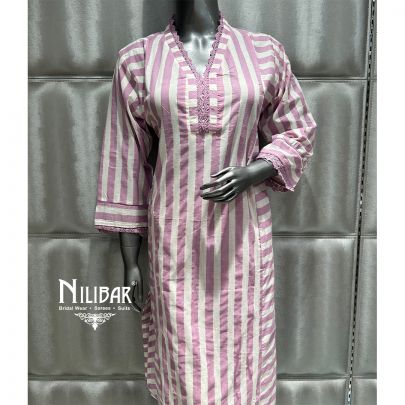 White and Lilac Cotton Kurti With Pant Suit
