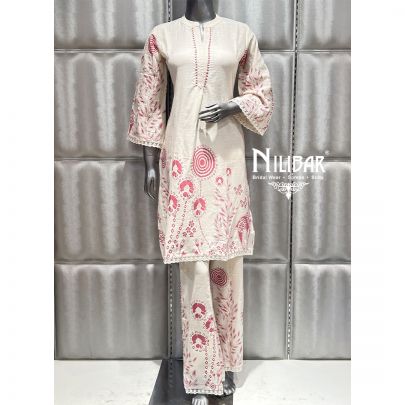 Ivory Cotton Printed Kurta With Losse Pant Suit