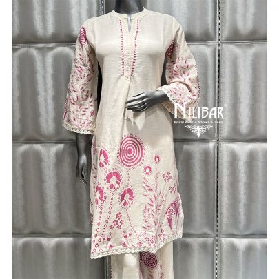 Ivory Cotton Printed Kurta With Losse Pant Suit