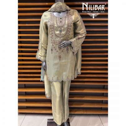 Lime Green Lame Silk Shirt Paired With Pants & Cut Work Dupatta