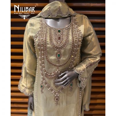 Lime Green Lame Silk Shirt Paired With Pants & Cut Work Dupatta