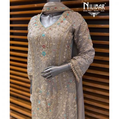 Grey Lame Silk Shirt Paired With Palazzo & Dupatta