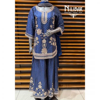 Electric Blue Chinon Mid Length Shirt Paired With Palazzo & Dupatta