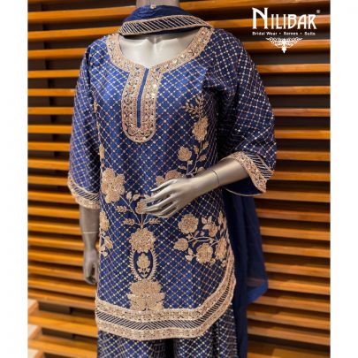Electric Blue Chinon Mid Length Shirt Paired With Palazzo & Dupatta