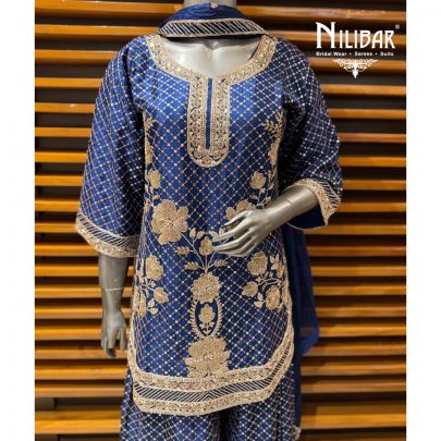 Electric Blue Chinon Mid Length Shirt Paired With Palazzo & Dupatta
