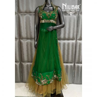 Bottle Green Long Shirt Paired With Net Beige Skirt