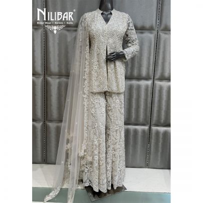 White Net Peplum Top Paired With Flowy Bottom & Dupatta