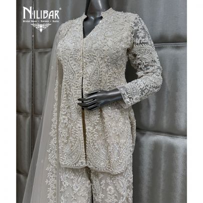 White Net Peplum Top Paired With Flowy Bottom & Dupatta