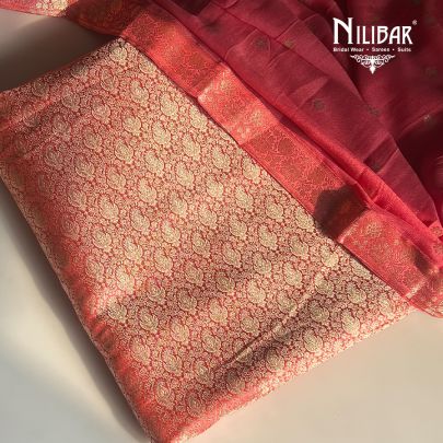 Carrot Pink Banarasi Silk Unstitched Suit