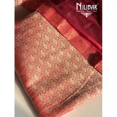 Carrot Pink Banarasi Silk Unstitched Suit