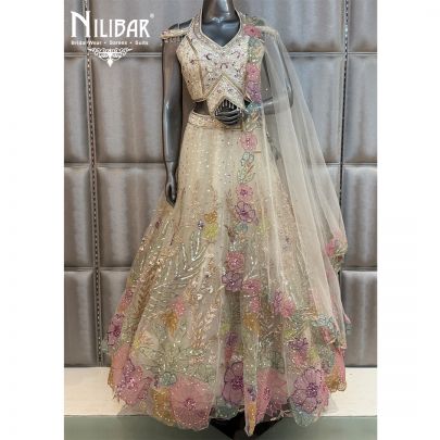 Ivory Soft Net Floral Embroidered Lehenga