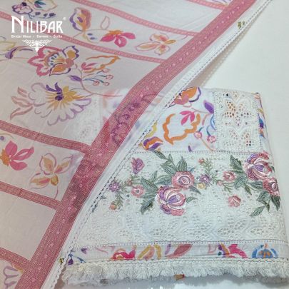 White & Pink Printed Cotton Unstitched Suit
