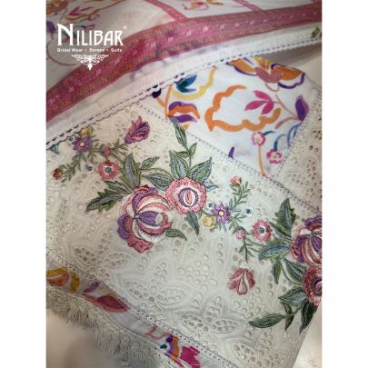 White & Pink Printed Cotton Unstitched Suit
