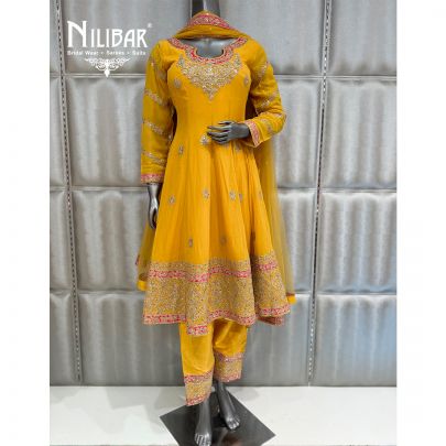 Yellow Georgette & Silk Knee Length Anarkali Suit
