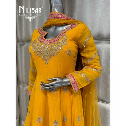 Yellow Georgette & Silk Knee Length Anarkali Suit