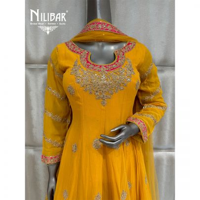 Yellow Georgette & Silk Knee Length Anarkali Suit