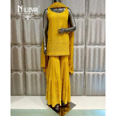 Yellow Georgette Short Shirt and Garara Suit