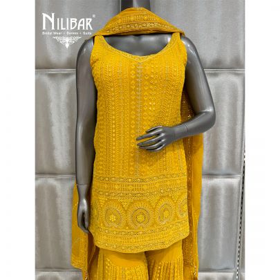 Yellow Georgette Short Shirt and Garara Suit