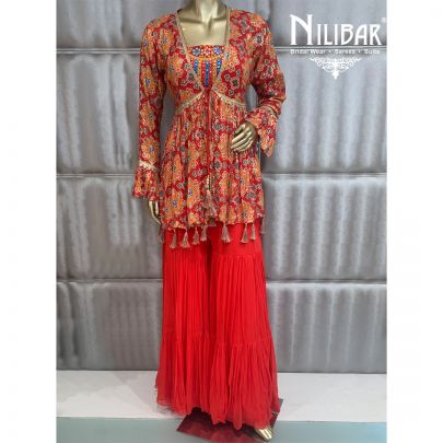 Tomato Red Georgette Jacket Style Suit