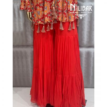 Tomato Red Georgette Jacket Style Suit