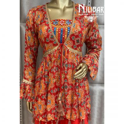 Tomato Red Georgette Jacket Style Suit