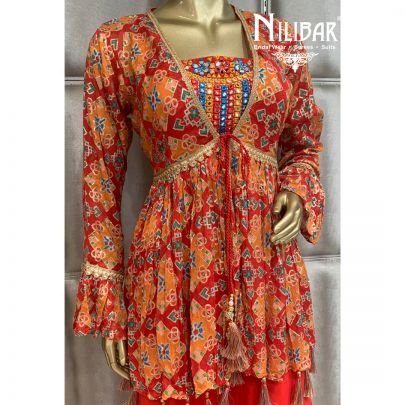 Tomato Red Georgette Jacket Style Suit