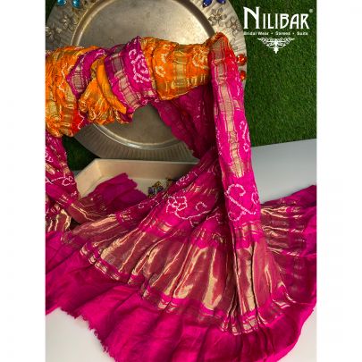 Orange and Pink Silk Bandhani Dupatta.