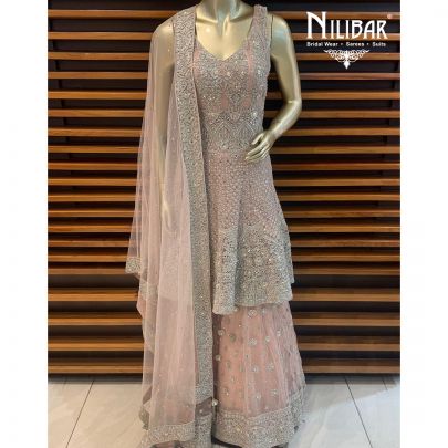 Beige Net Peplum Sharara Suit