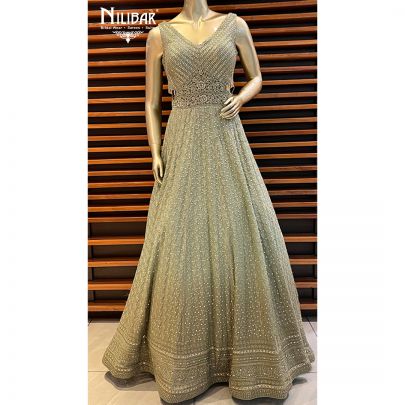 Lavender Net Gown Jade Green Contrast Olive Green Georgette Gown