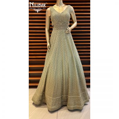 Lavender Net Gown Jade Green Contrast Olive Green Georgette Gown