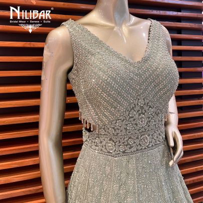 Lavender Net Gown Jade Green Contrast Olive Green Georgette Gown