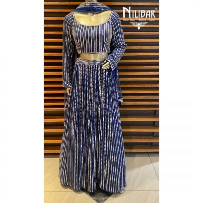 Blue Chinon and Net Lehenga