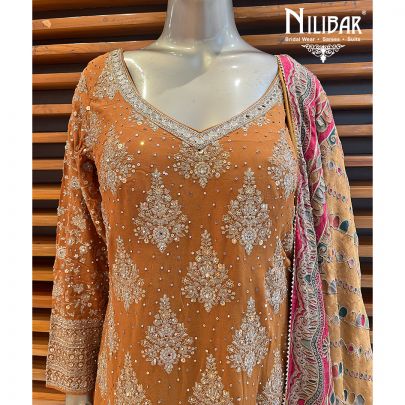 Mustard Silk and Chinon Straight Pant Suit Set