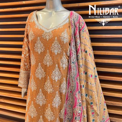 Mustard Silk and Chinon Straight Pant Suit Set