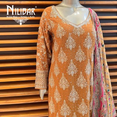 Mustard Silk and Chinon Straight Pant Suit Set