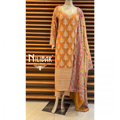 Mustard Silk and Chinon Straight Pant Suit Set