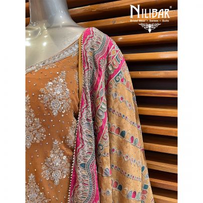 Mustard Silk and Chinon Straight Pant Suit Set