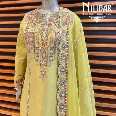 Lime Green Silk  and Net Straight Pant Suit Set