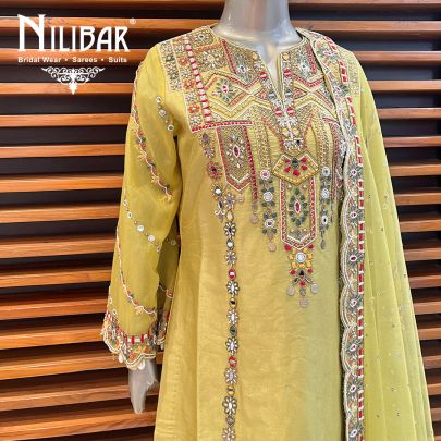 Lime Green Silk  and Net Straight Pant Suit Set