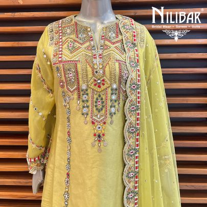 Lime Green Silk  and Net Straight Pant Suit Set