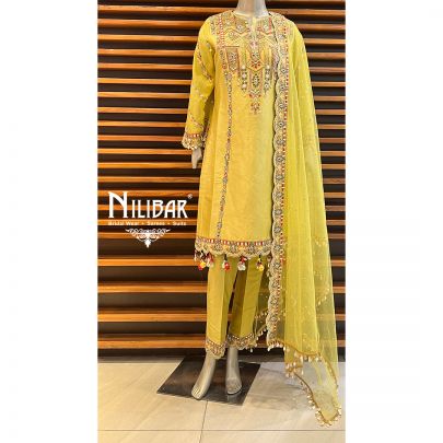 Lime Green Silk  and Net Straight Pant Suit Set