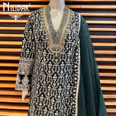 Bottle Green Silk and Organza Straight Pant Suit Set