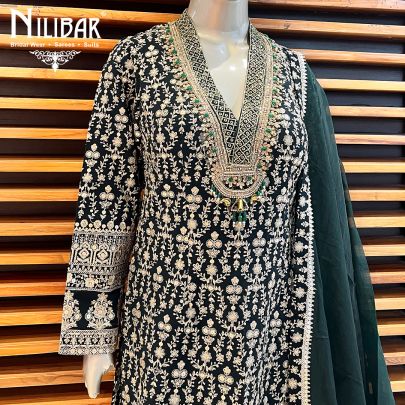 Bottle Green Silk and Organza Straight Pant Suit Set