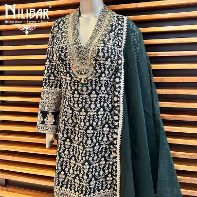 Bottle Green Silk and Organza Straight Pant Suit Set